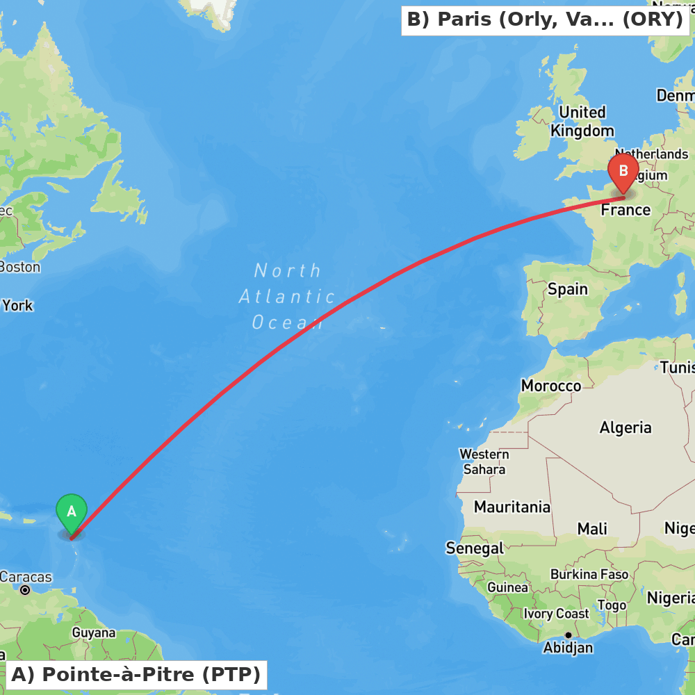 Flight route map from Pointe-à-Pitre to Paris (Orly, Val-de-Marne)