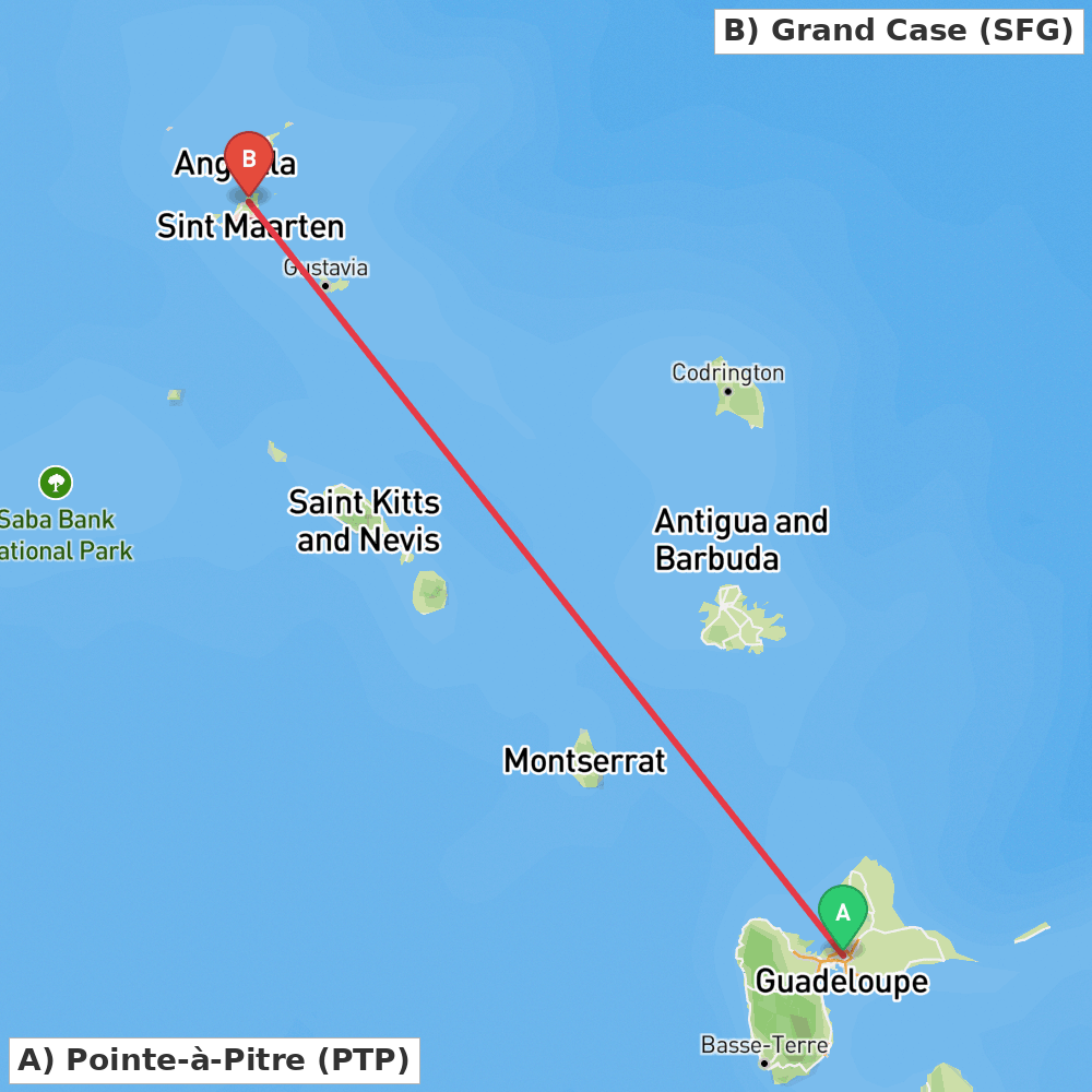Flight route map from Pointe-à-Pitre to Grand Case
