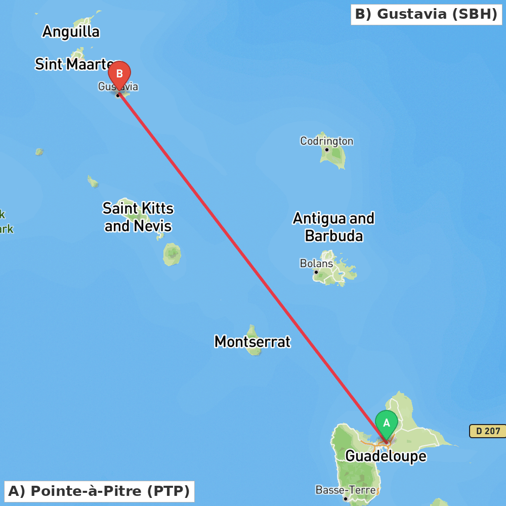 Flight route map from Pointe-à-Pitre to Gustavia