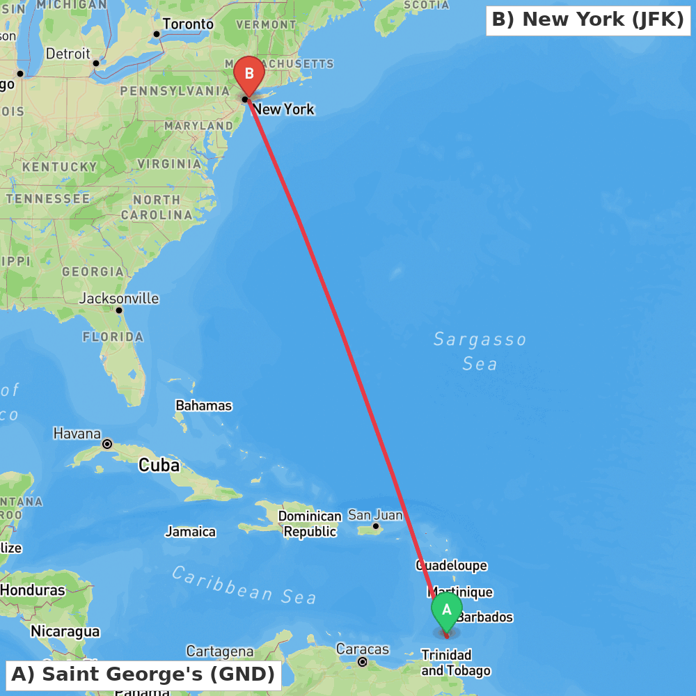 Flight route map from Saint George's to New York