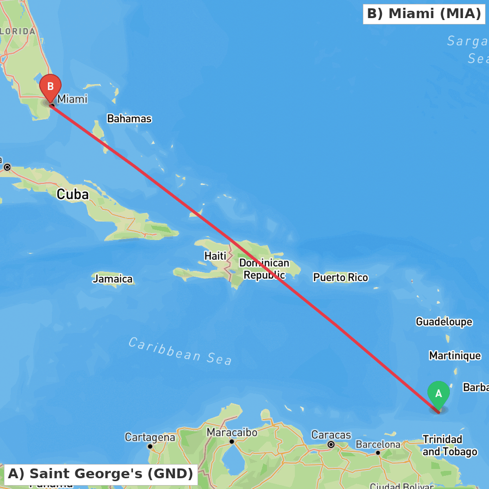 Flight route map from Saint George's to Miami