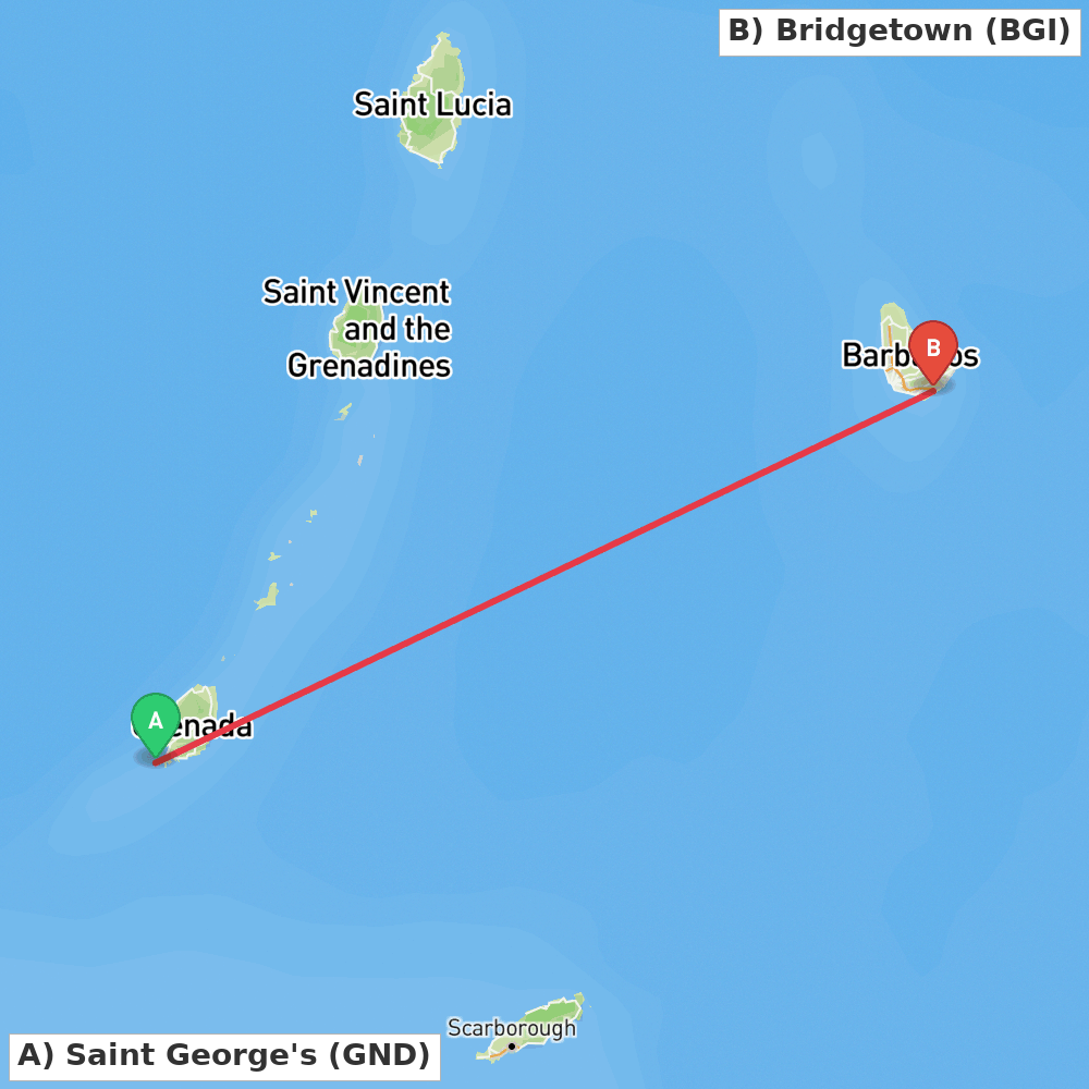 Flight route map from Saint George's to Bridgetown
