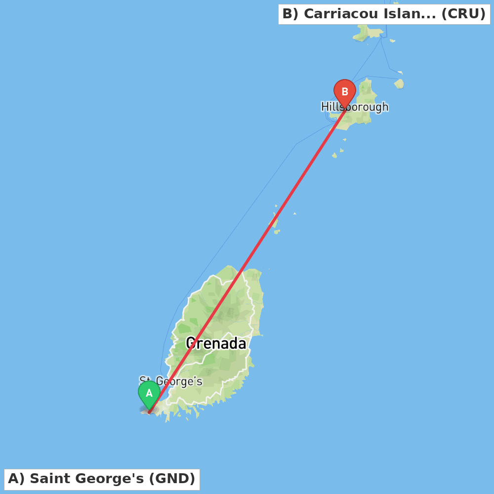 Flight route map from Saint George's to Carriacou Island