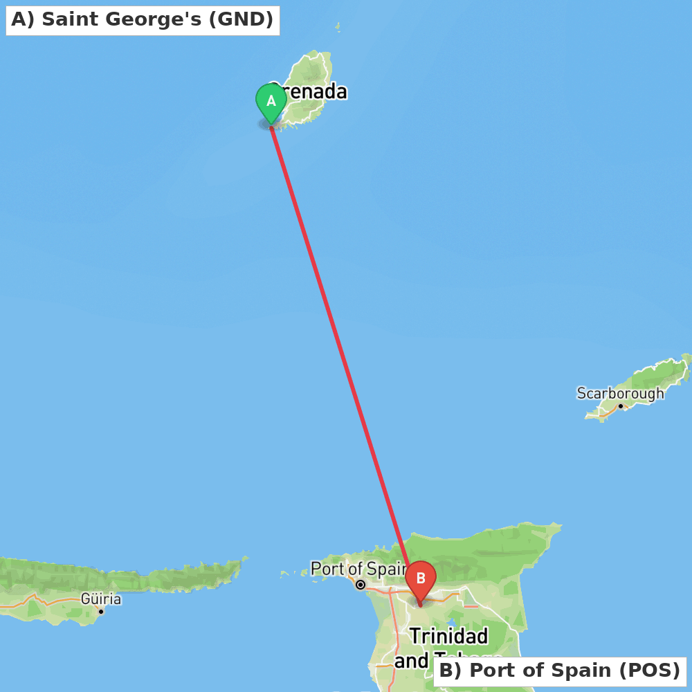 Flight route map from Saint George's to Port of Spain