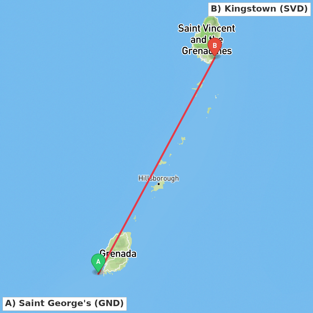Flight route map from Saint George's to Kingstown