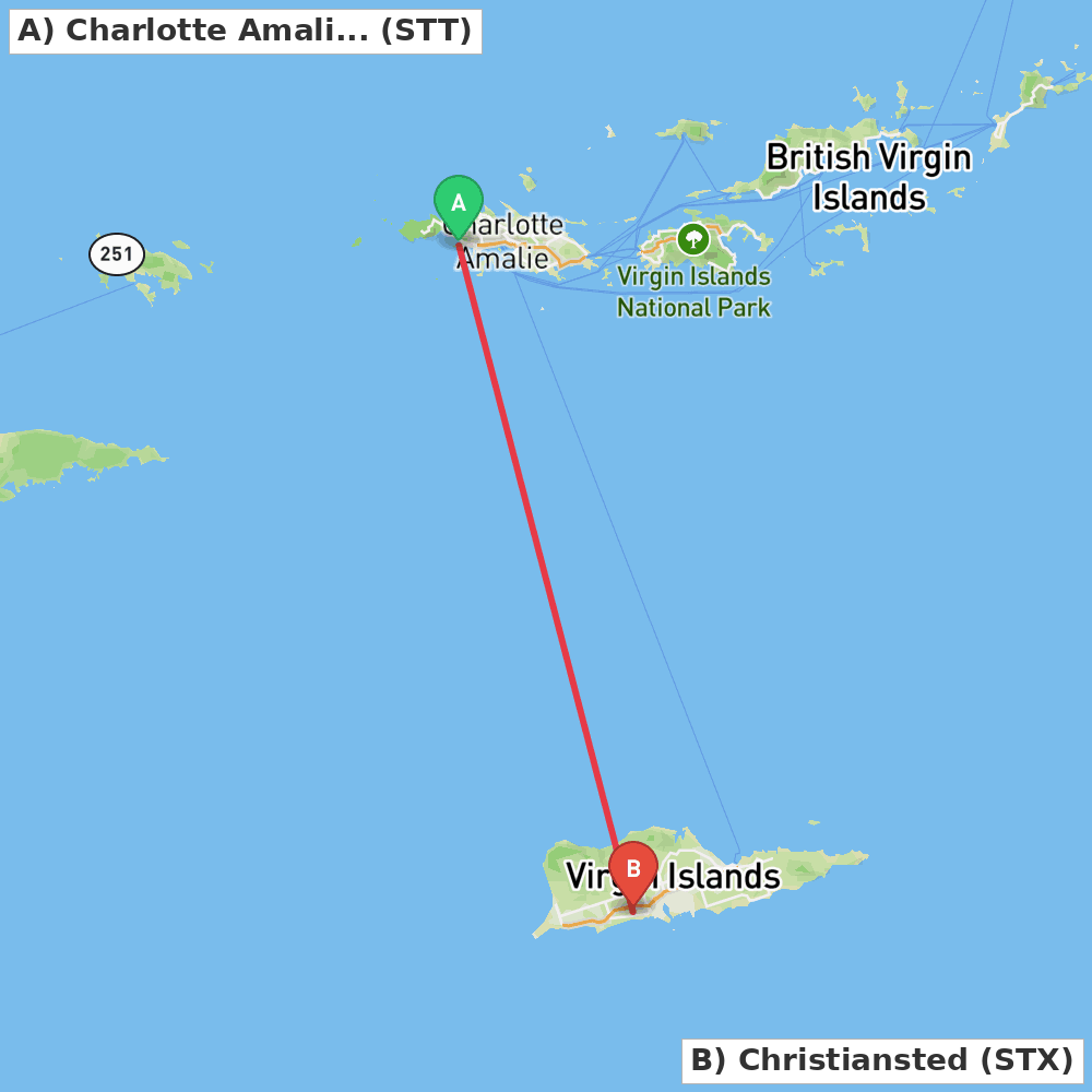 Flight route map from Charlotte Amalie to Christiansted