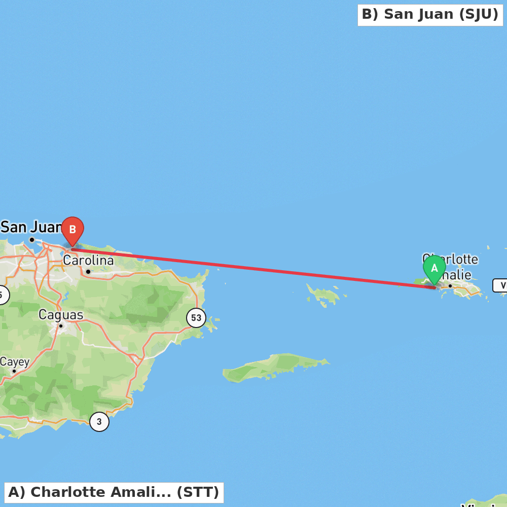 Flight route map from Charlotte Amalie to San Juan