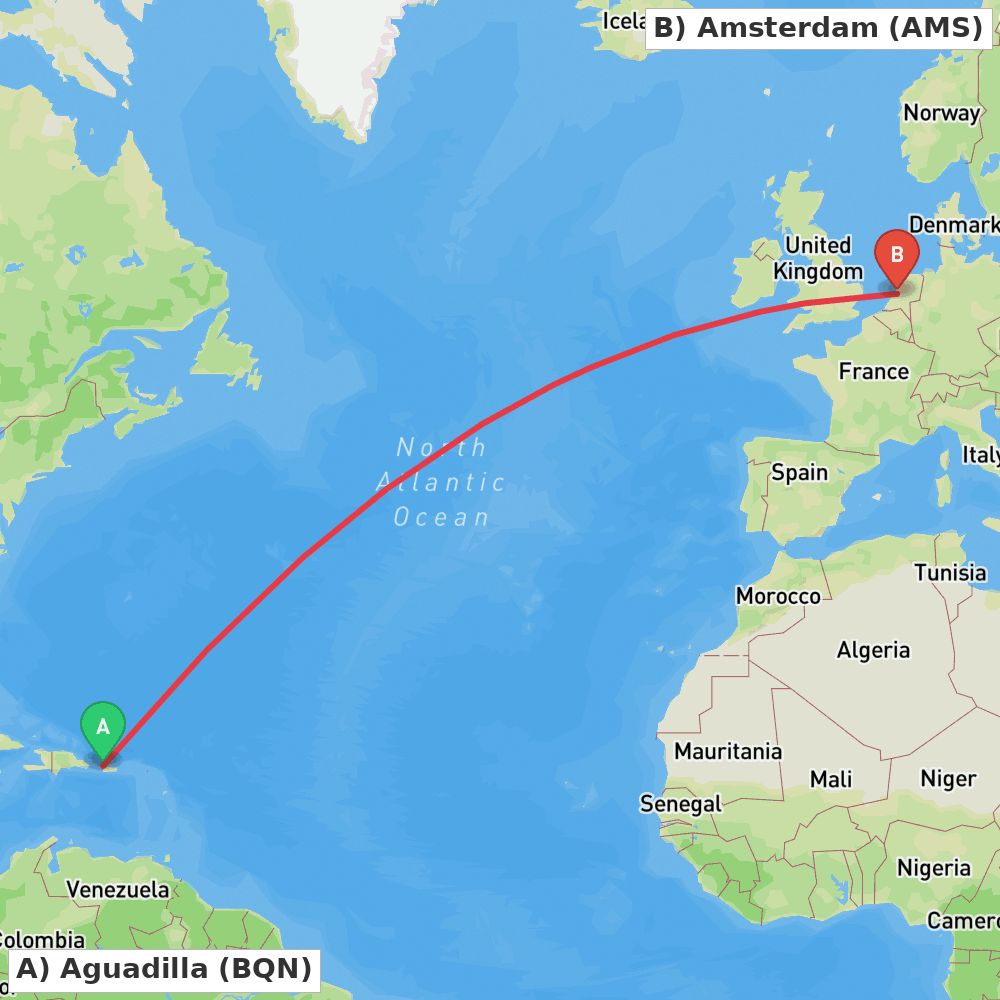 Flight route map from Aguadilla to Amsterdam