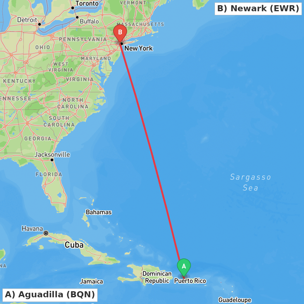 Flight route map from Aguadilla to Newark
