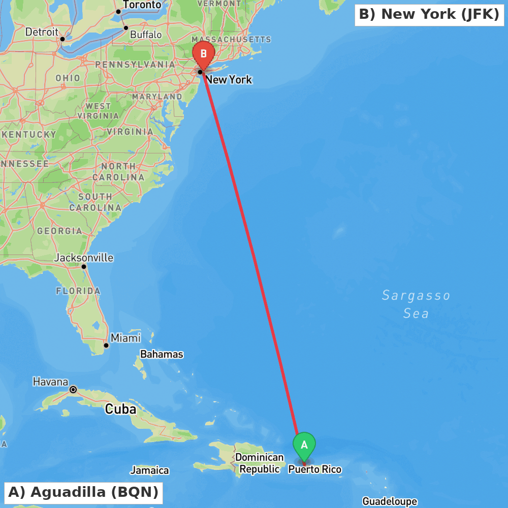 Flight route map from Aguadilla to New York