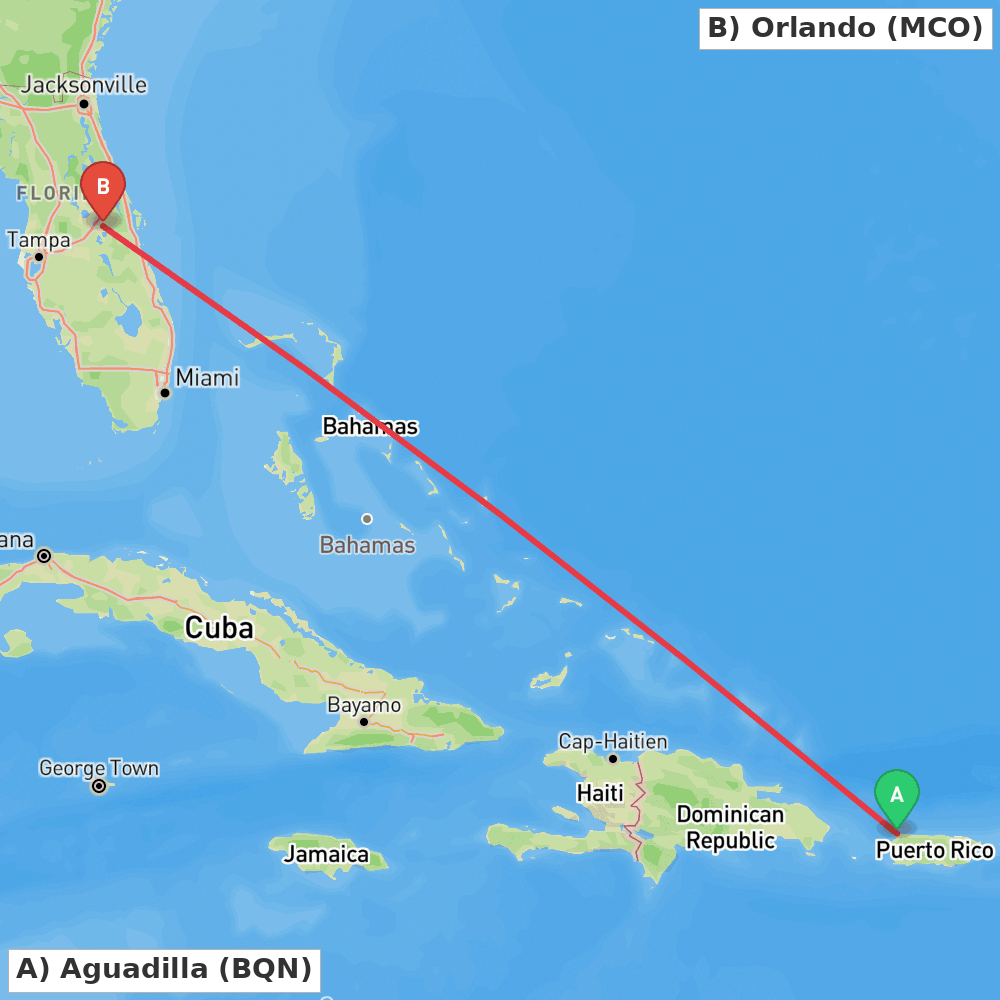 Flight route map from Aguadilla to Orlando