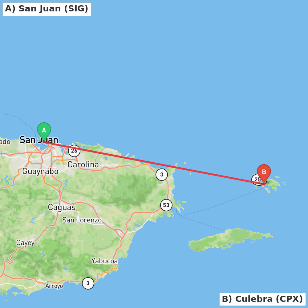 Flight route map from San Juan to Culebra