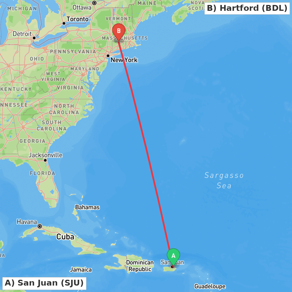 Flight route map from San Juan to Hartford