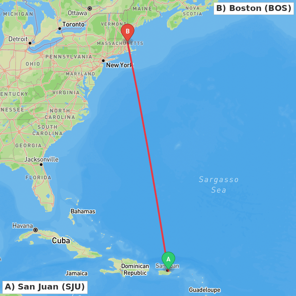 Flight route map from San Juan to Boston