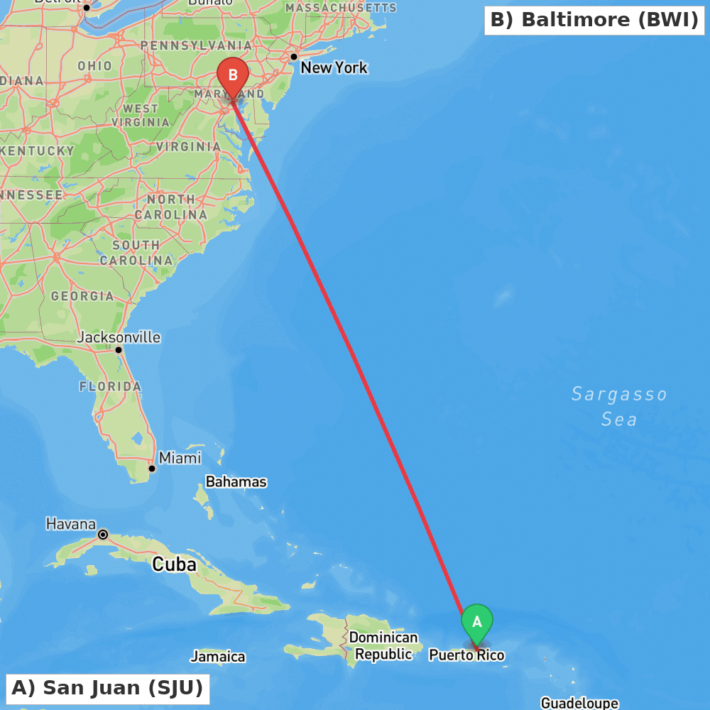 Flight route map from San Juan to Baltimore