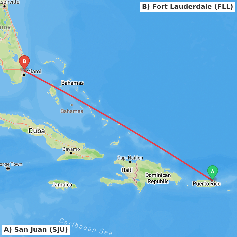 Flight route map from San Juan to Fort Lauderdale