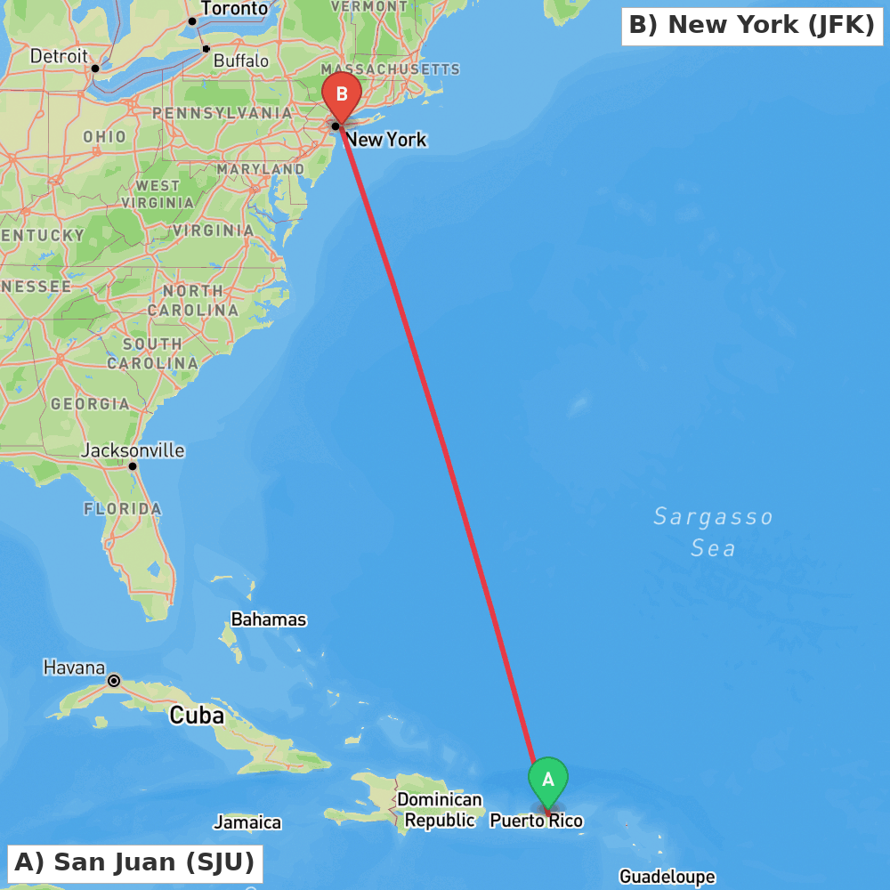 Flight route map from San Juan to New York