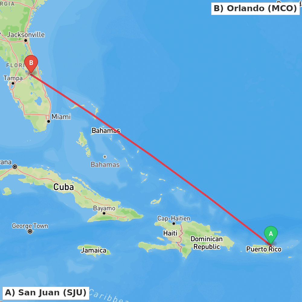 Flight route map from San Juan to Orlando