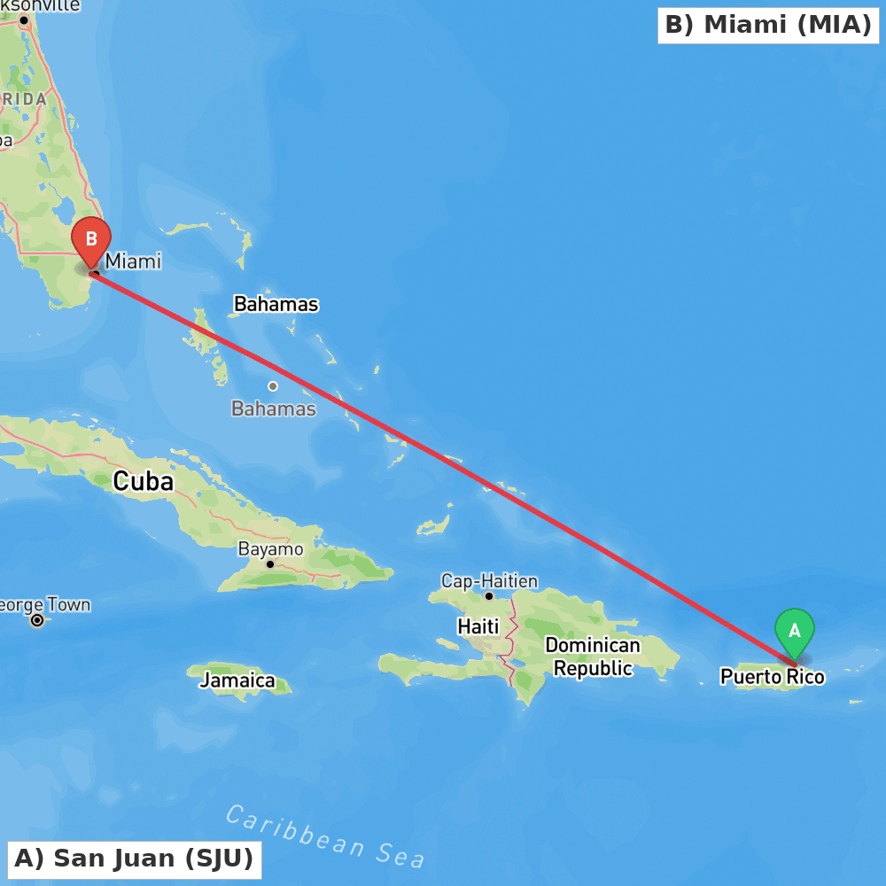 Flight route map from San Juan to Miami