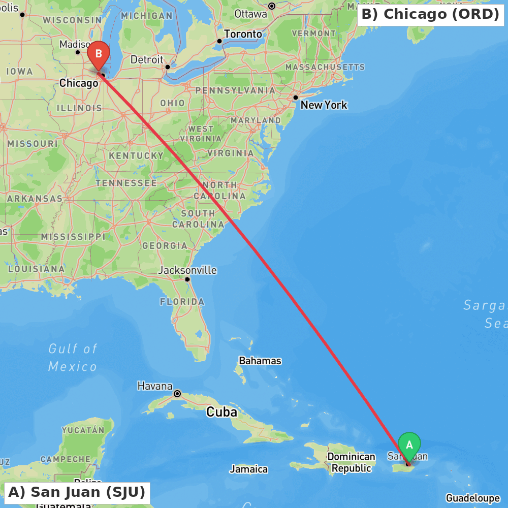 Flight route map from San Juan to Chicago