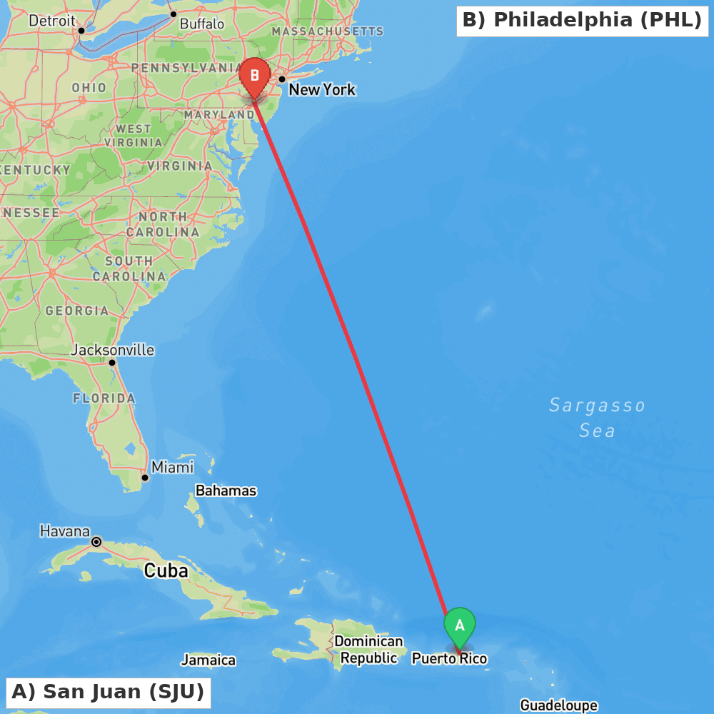 Flight route map from San Juan to Philadelphia