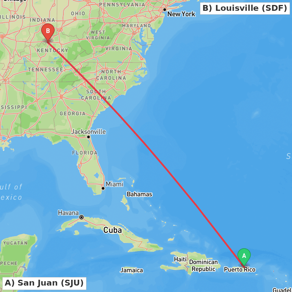 Flight route map from San Juan to Louisville