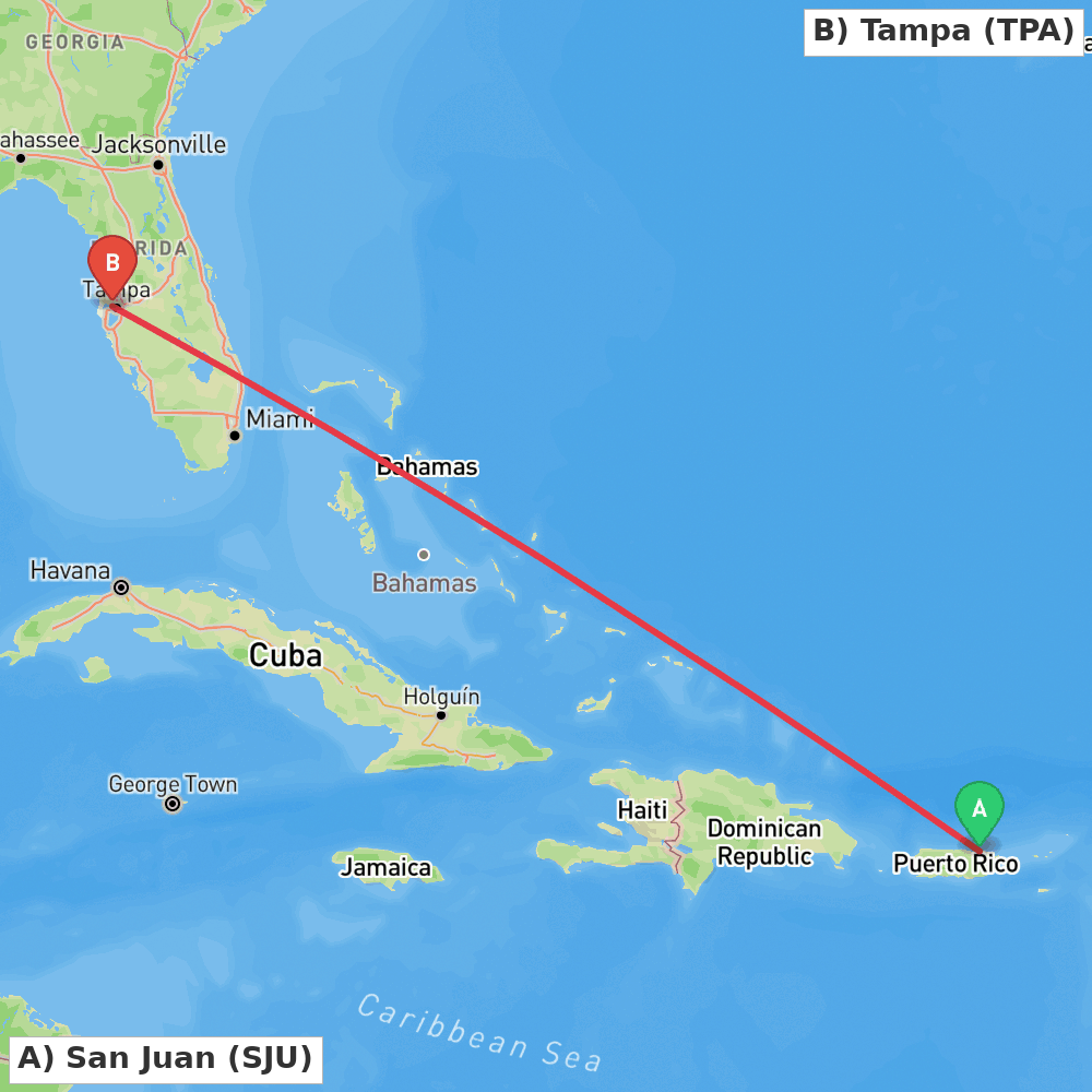 Flight route map from San Juan to Tampa