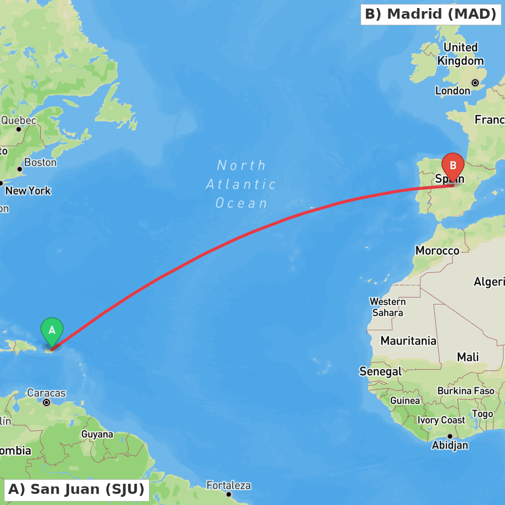 Flight route map from San Juan to Madrid