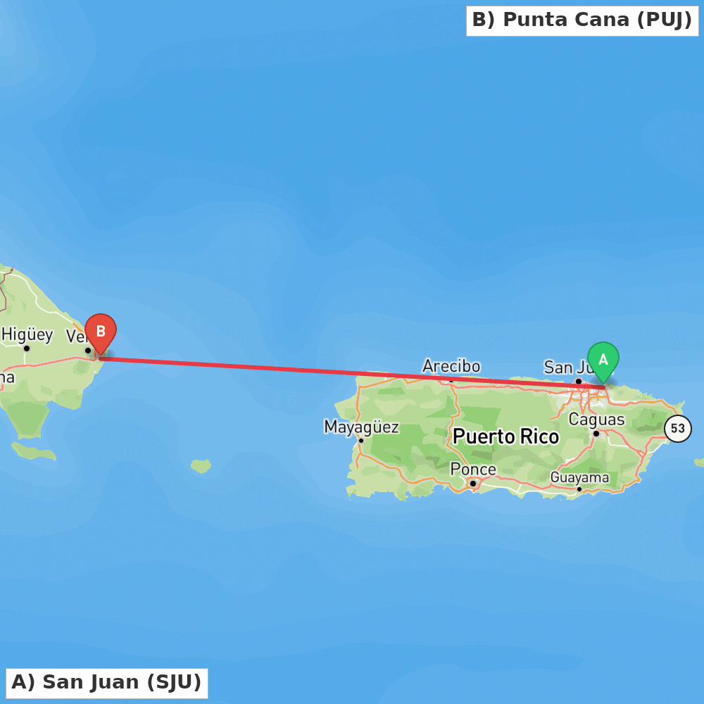 Flight route map from San Juan to Punta Cana