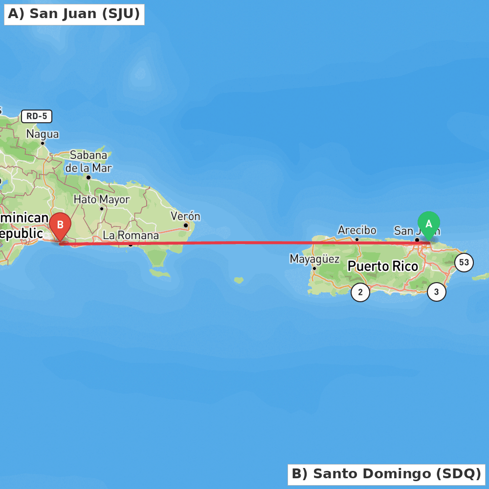 Flight route map from San Juan to Santo Domingo