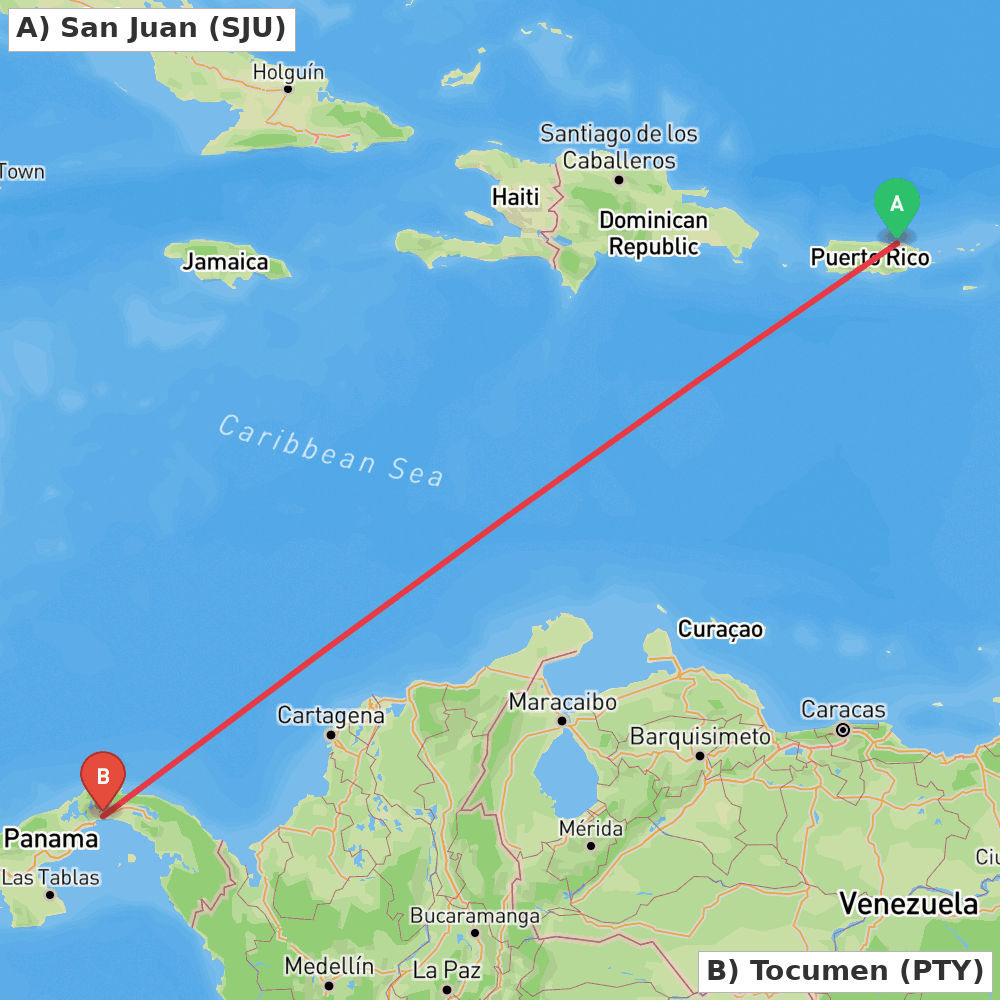 Flight route map from San Juan to Tocumen