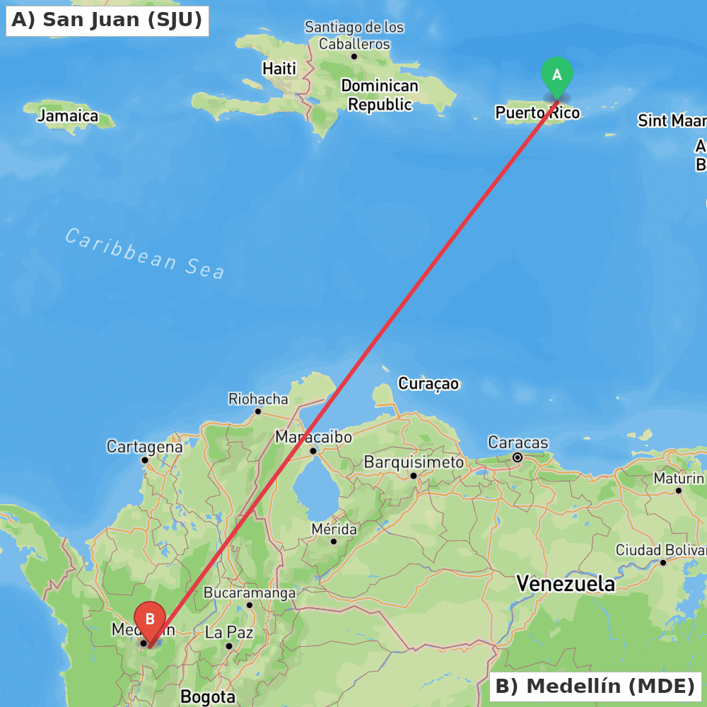Flight route map from San Juan to Medellín