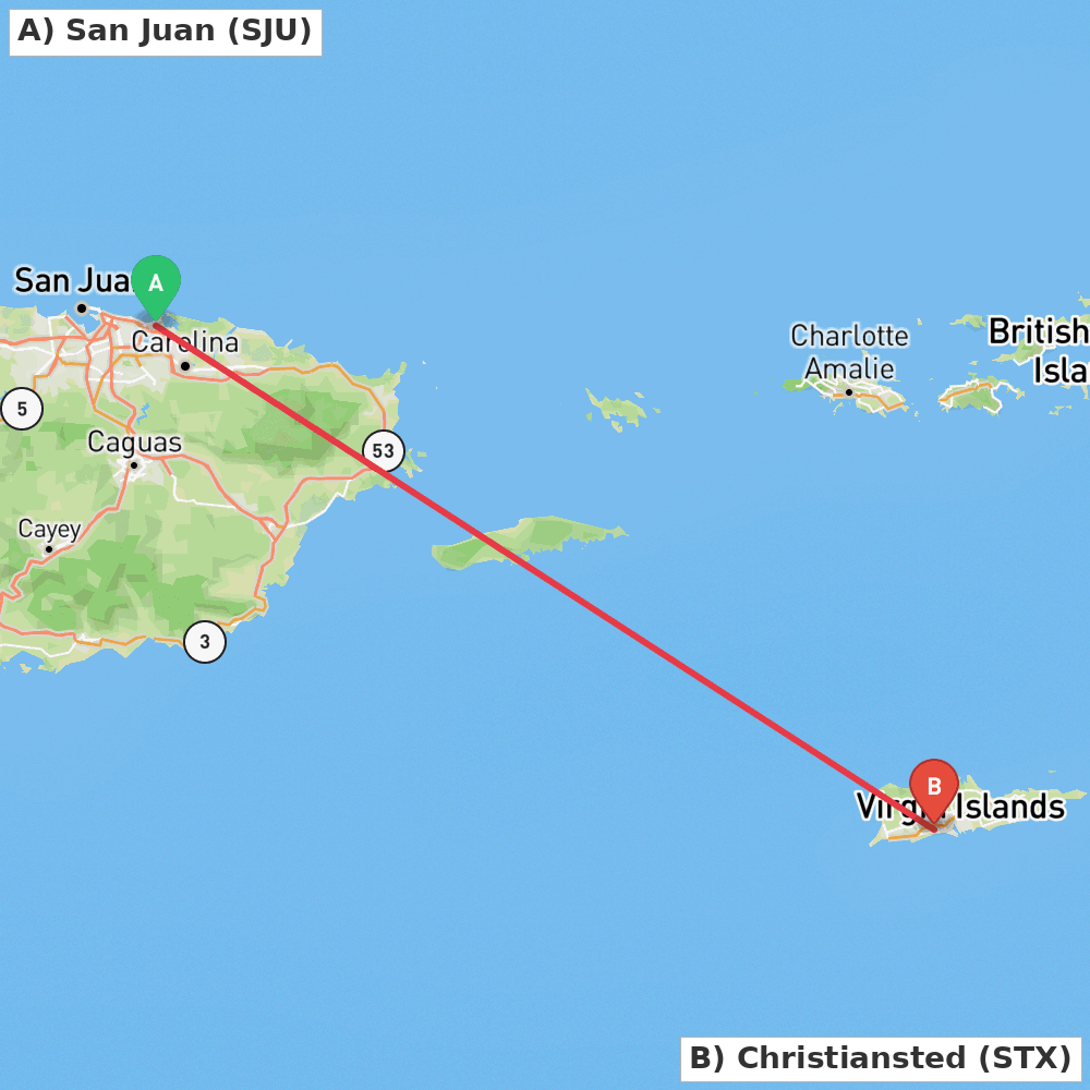 Flight route map from San Juan to Christiansted