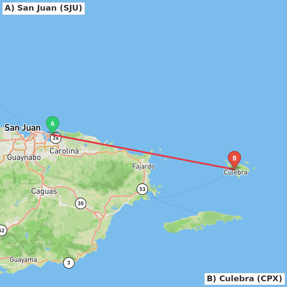 Flight route map from San Juan to Culebra