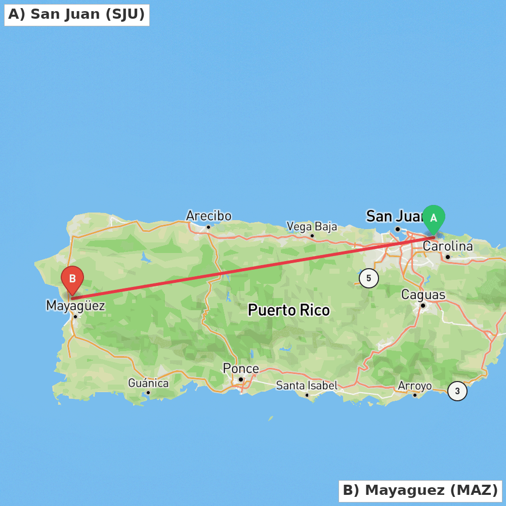 Flight route map from San Juan to Mayaguez