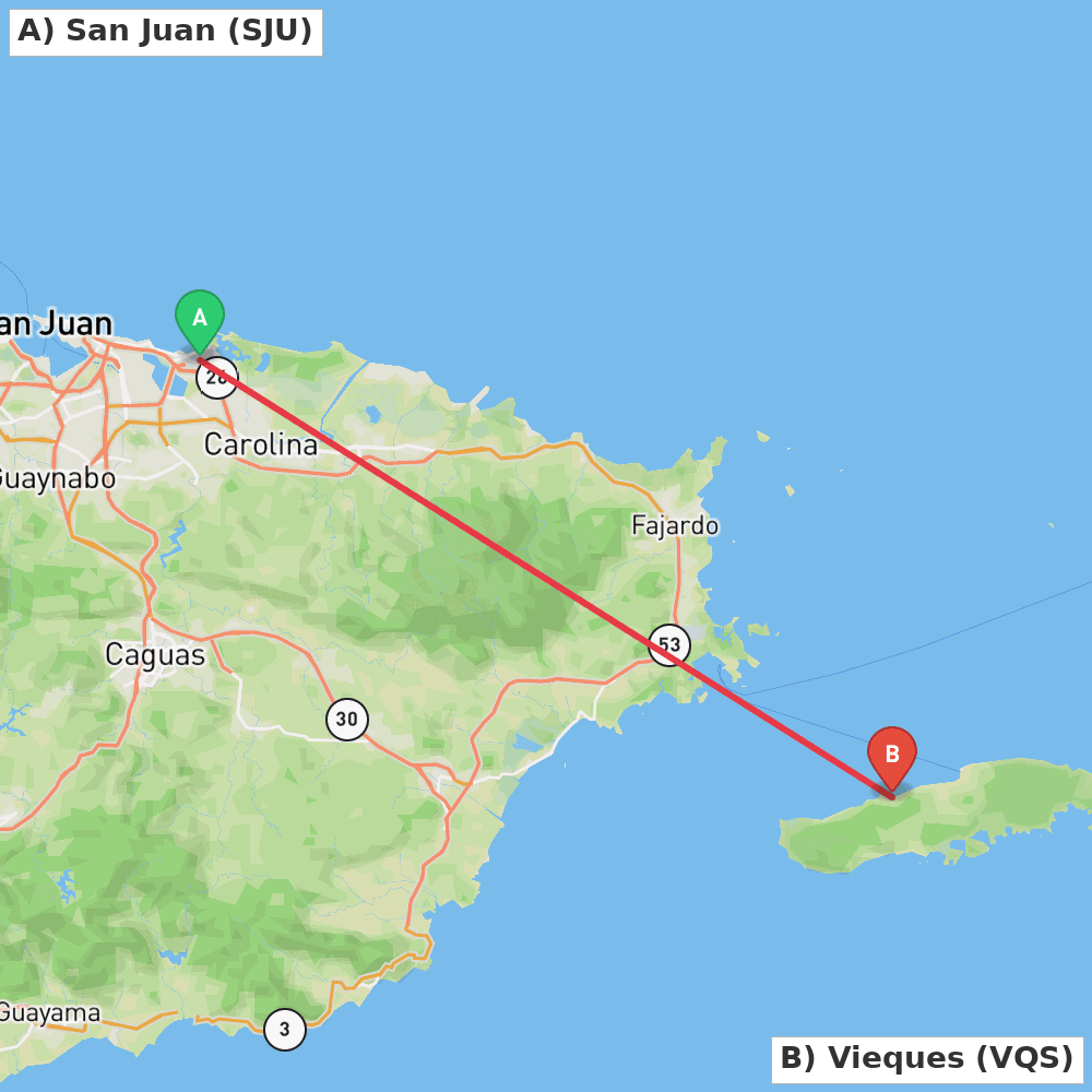 Flight route map from San Juan to Vieques