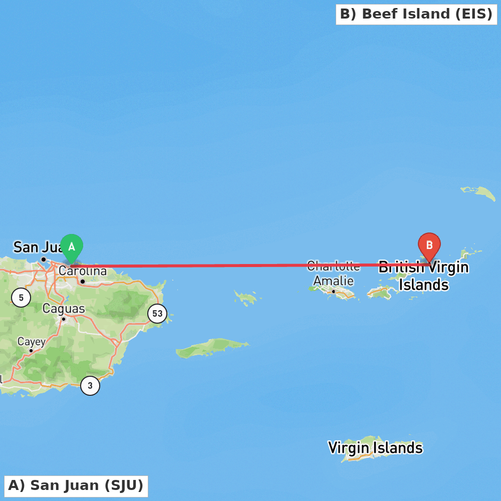 Flight route map from San Juan to Beef Island