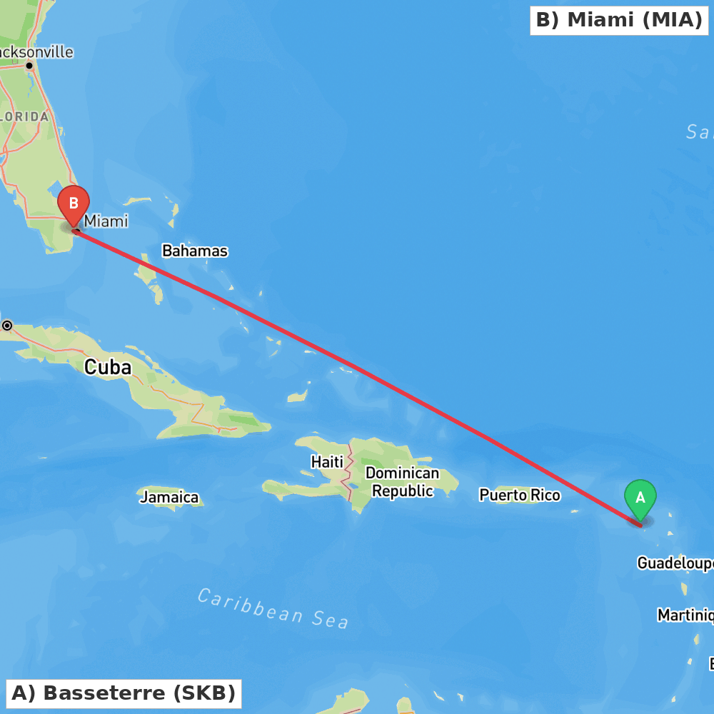 Flight route map from Basseterre to Miami