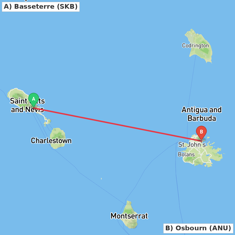 Flight route map from Basseterre to Osbourn