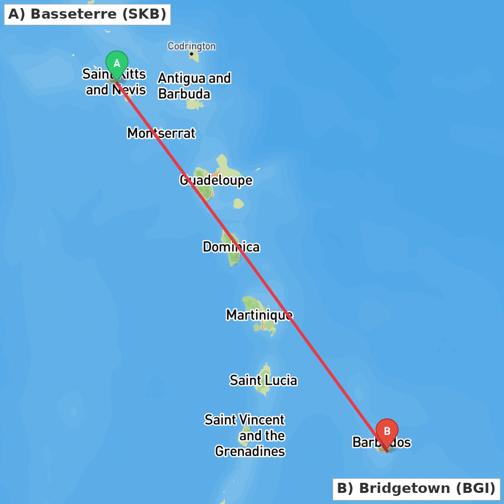 Flight route map from Basseterre to Bridgetown