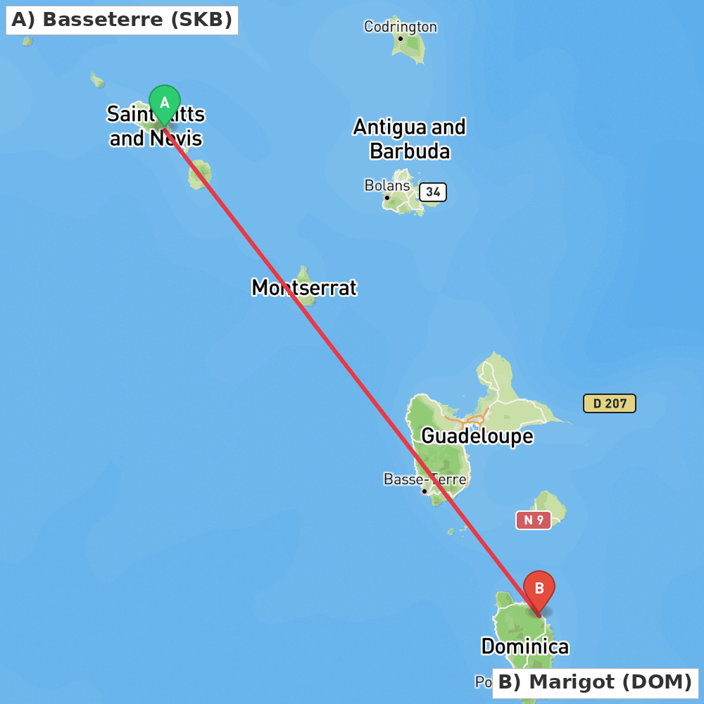 Flight route map from Basseterre to Marigot