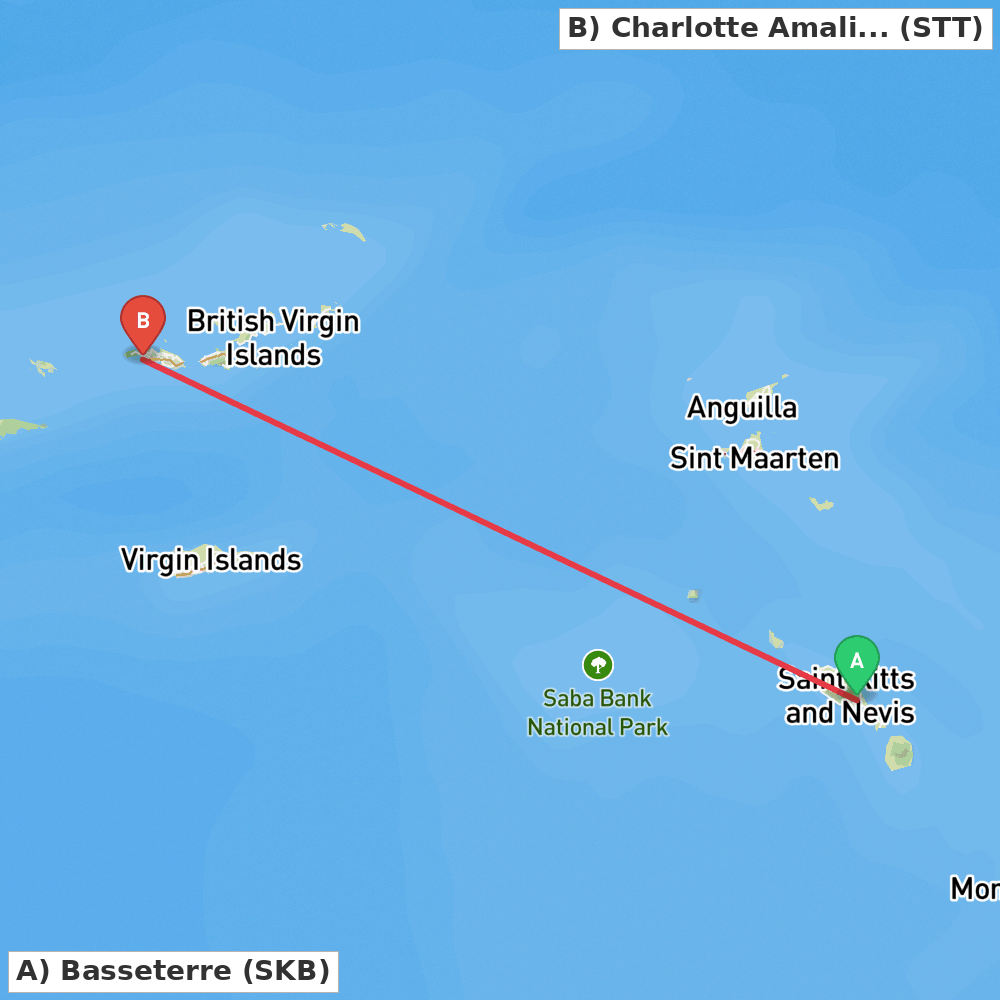 Flight route map from Basseterre to Charlotte Amalie