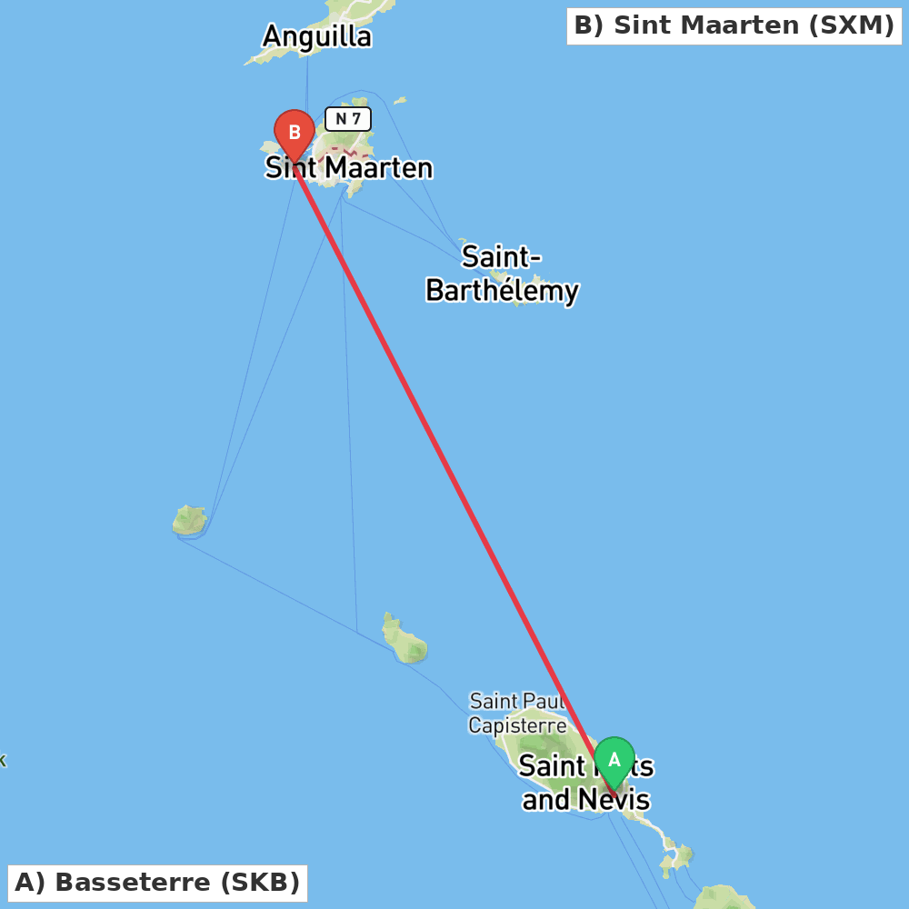 Flight route map from Basseterre to Sint Maarten