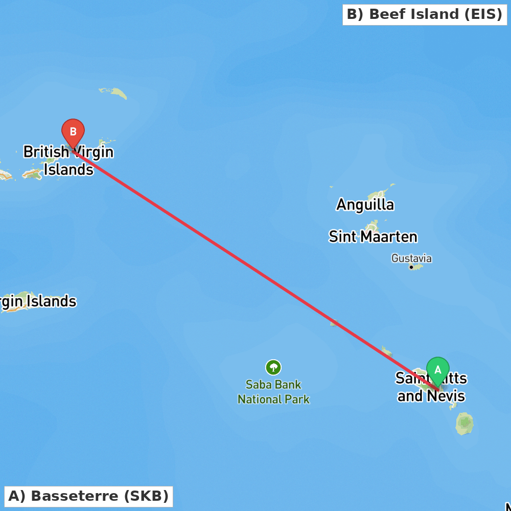 Flight route map from Basseterre to Beef Island