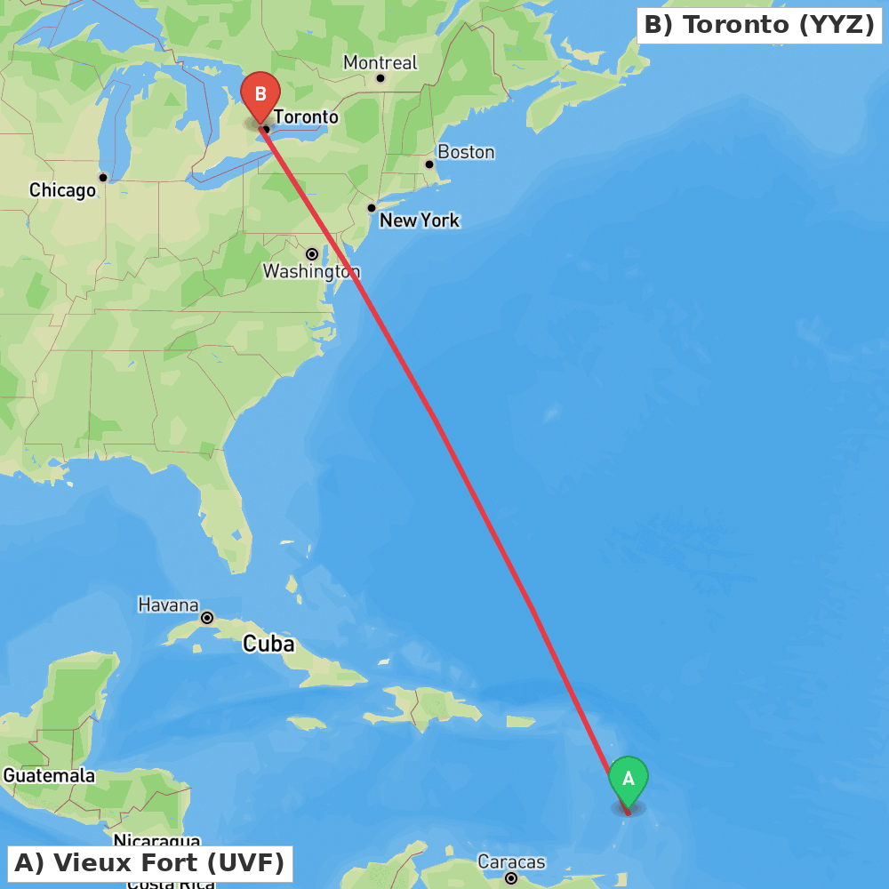Flight route map from Vieux Fort to Toronto