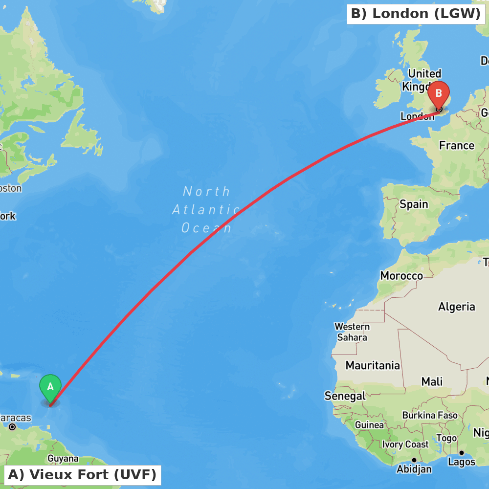 Flight route map from Vieux Fort to London