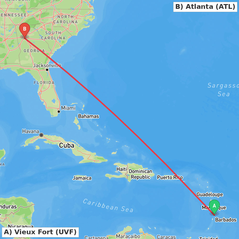 Flight route map from Vieux Fort to Atlanta