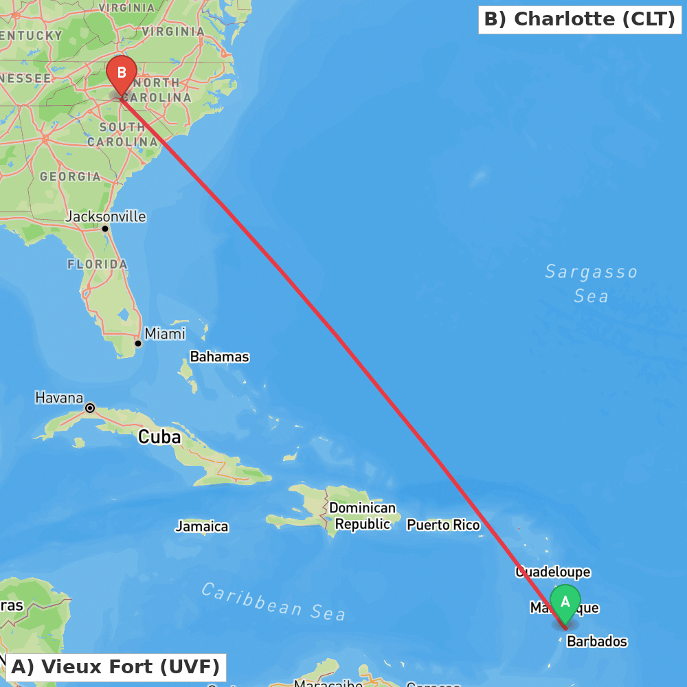 Flight route map from Vieux Fort to Charlotte