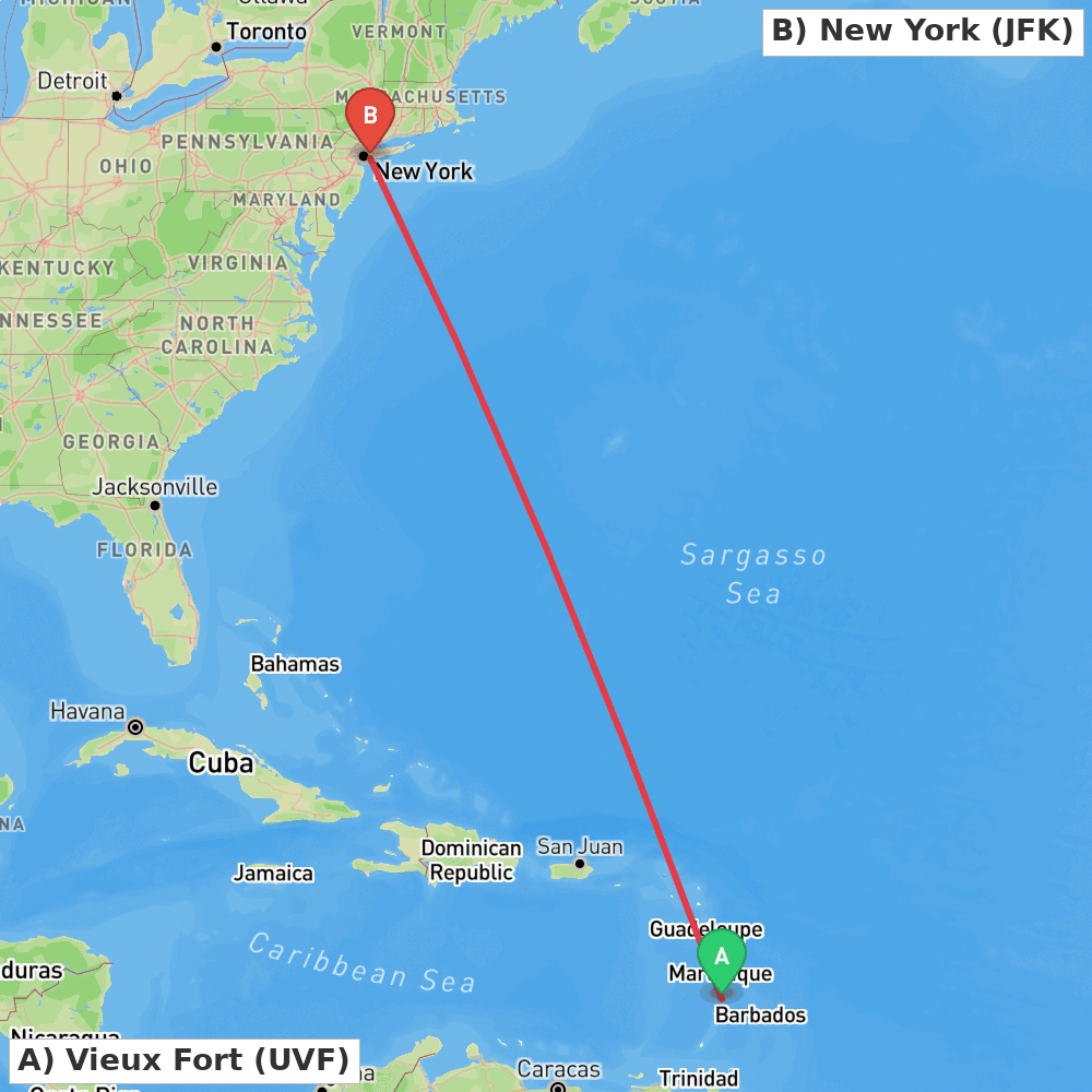 Flight route map from Vieux Fort to New York