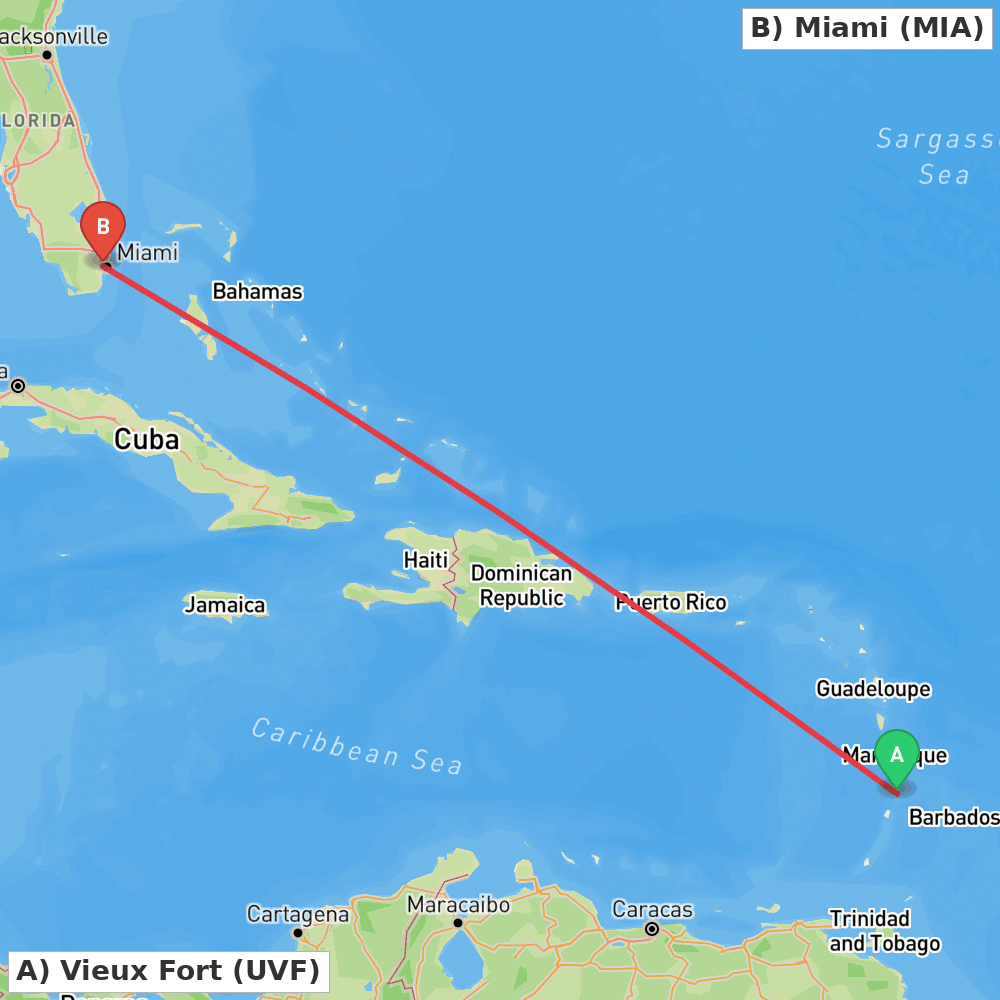 Flight route map from Vieux Fort to Miami